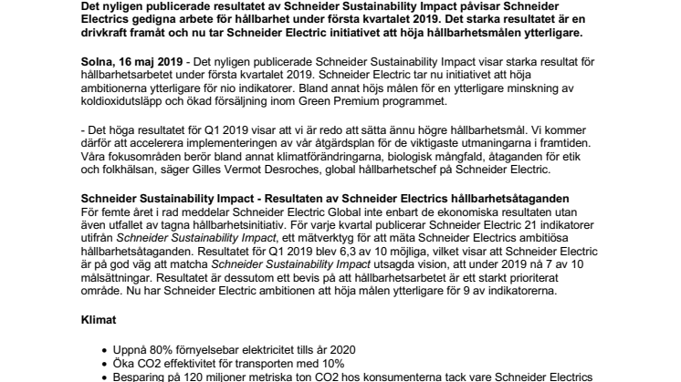 Starka resultat under första kvartalet i Schneider Sustainability Impact - Nu höjer Schneider Electric hållbarhetsmålen ytterligare