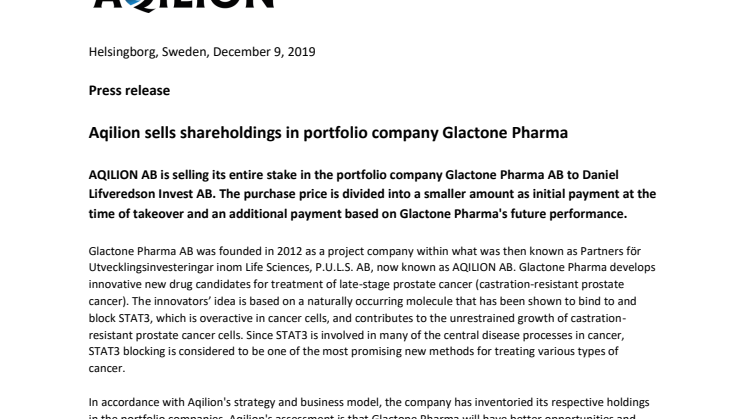Aqilion sells shareholdings in portfolio company Glactone Pharma 