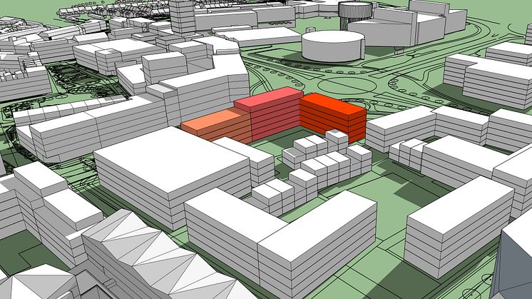 Illustrationsskiss:  markanvisningstävlingens tre bostadsbyggrätter i Portkvarteren, centrala Brunnshög.