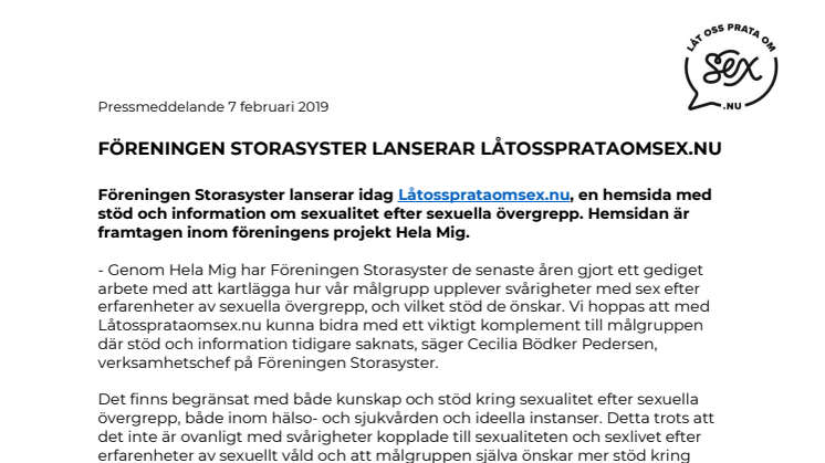 Föreningen Storasyster lanserar Låtossprataomsex.nu! 