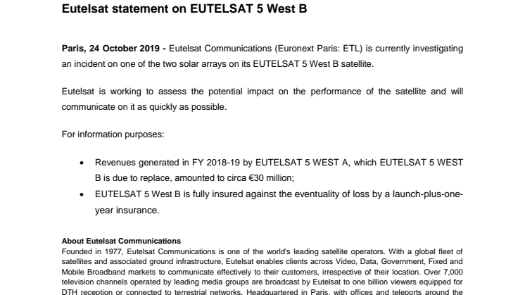 Eutelsat statement on EUTELSAT 5 West B  