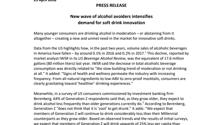 PRESS RELEASE – New wave of alcohol avoiders intensifies  demand for soft drink innovation