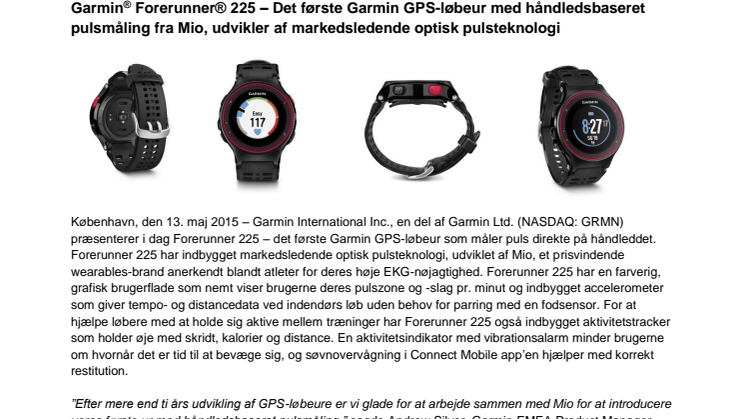 Garmin® Forerunner® 225 – Det første Garmin GPS-løbeur med håndledsbaseret pulsmåling 