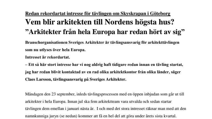 Redan rekordartat intresse för tävlingen om Skyskrapan i Göteborg