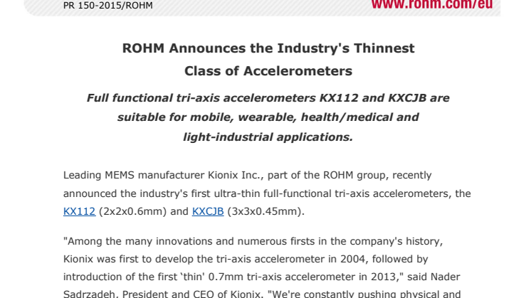ROHM Announces the Industry's Thinnest Class of Accelerometers