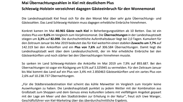 Kiel weiter auf Erfolgskurs. Gäste- und Übernachtungszahlen steigen stetig