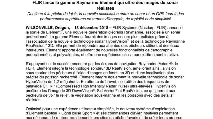 Raymarine: FLIR lance la gamme Raymarine Element qui offre des images de sonar réalistes