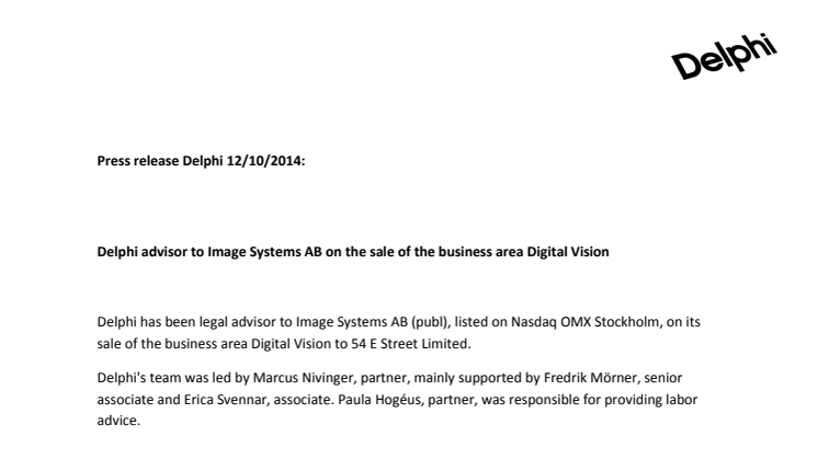Delphi advisor to Image Systems AB on the sale of the business area Digital Vision
