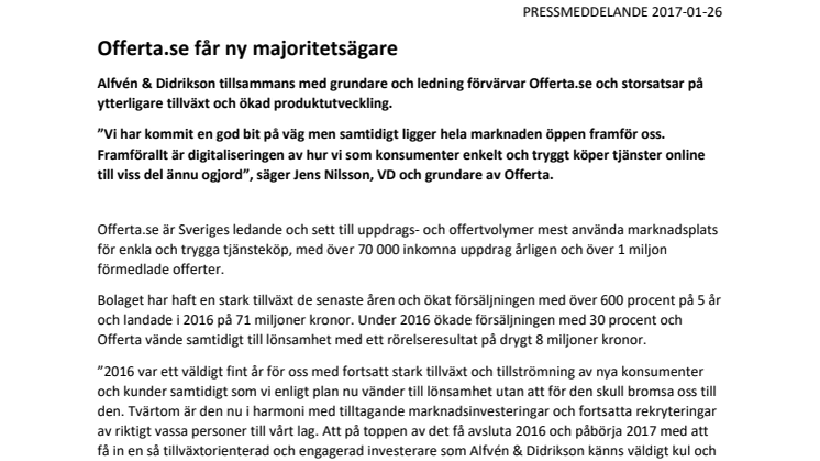 Offerta.se får ny majoritetsägare 