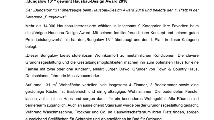 „Bungalow 131“ gewinnt Hausbau-Design Award 2018