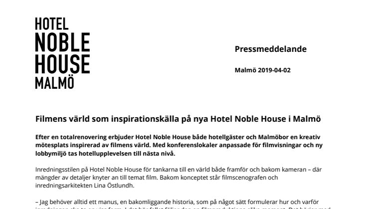 Filmens värld som inspirationskälla på nya Hotel Noble House i Malmö