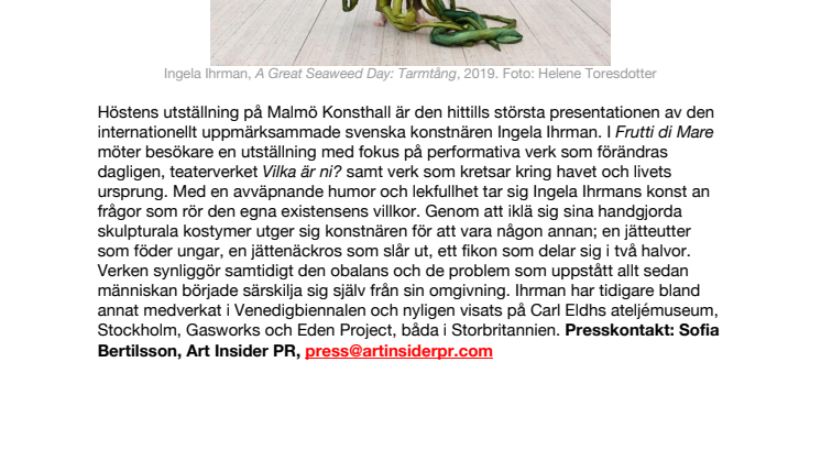 Pressinformation: Ingela Ihrman, Frutti di Mare, öppnar på Malmö Konsthall 