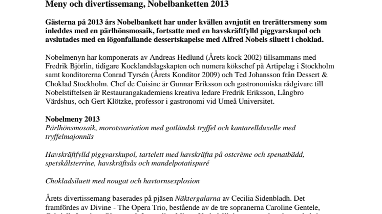 Meny och divertissemang, Nobelbanketten 2013 (PM på svenska)