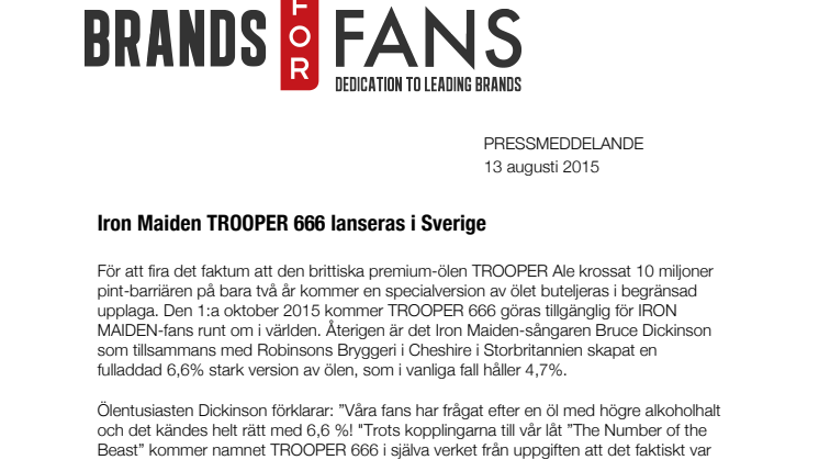 Iron Maiden TROOPER 666 lanseras i Sverige