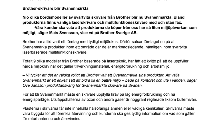 Brother International Sweden AB: Brother-skrivare blir Svanenmärkta
