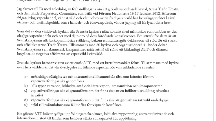 Ärkebiskopens brev till utrikesministern om globalt vapenhandelsavtal