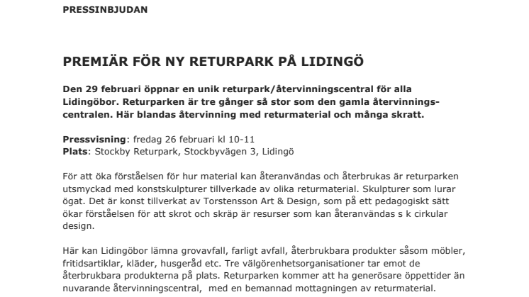 PRESSINBJUDAN - Premiär för ny returpark på Lidingö