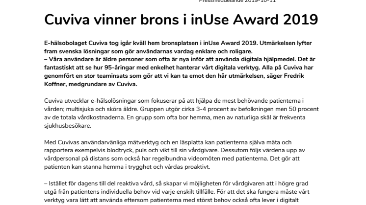 Cuviva vinner brons i inUse Award 2019