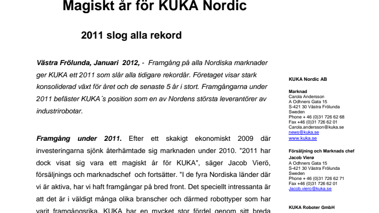 Magiskt år för KUKA Nordic, 2011 slog alla rekord