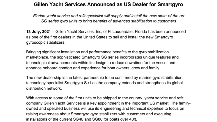 Gillen Yacht Services Announced as US Dealer for Smartgyro