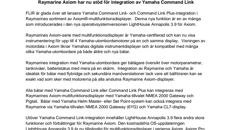 Raymarine Axiom har nu stöd för integration av Yamaha Command Link 