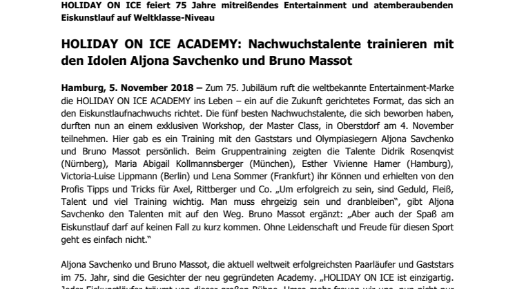 HOLIDAY ON ICE ACADEMY: Nachwuchstalente trainieren mit den Idolen Aljona Savchenko und Bruno Massot  