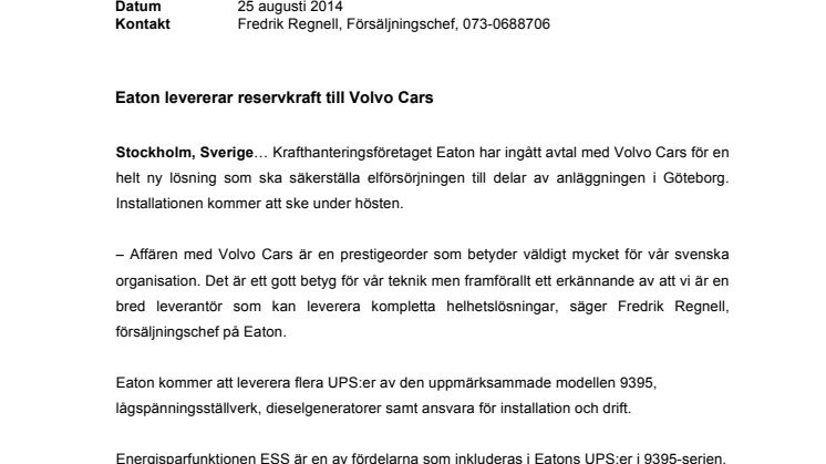 Eaton levererar reservkraft till Volvo Cars