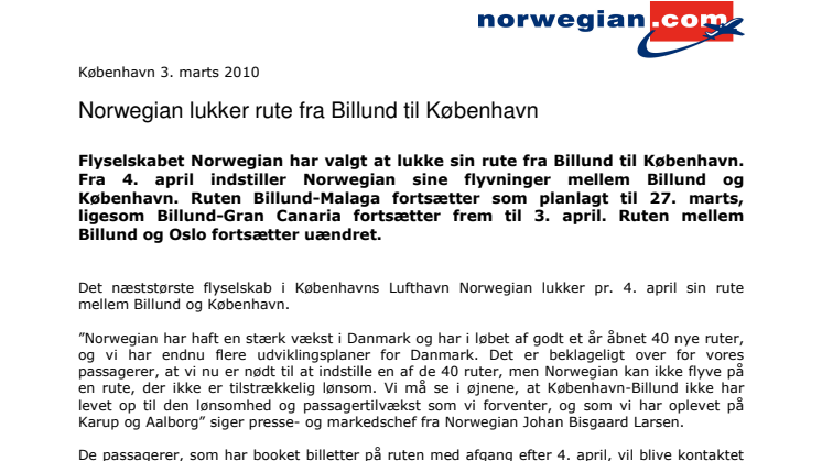 Norwegian lukker rute fra Billund til København