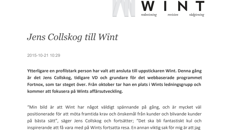 Jens Collskog till Wint