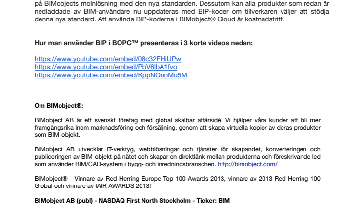 Svenska BIP standarden nu klar i BIMobject® Cloud med BOPC™