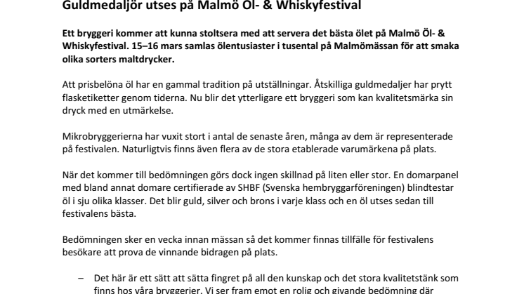 Guldmedaljör utses på Malmö Öl & Whiskyfestival 2019