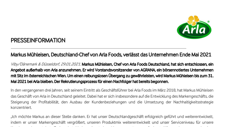 Markus Mühleisen, Deutschland-Chef von Arla Foods, verlässt das Unternehmen Ende Mai 2021