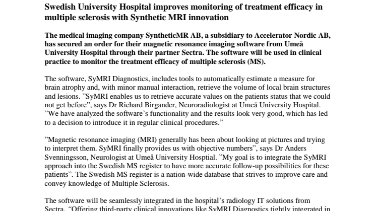 Swedish University Hospital improves monitoring of treatment efficacy in multiple sclerosis with Synthetic MRI innovation