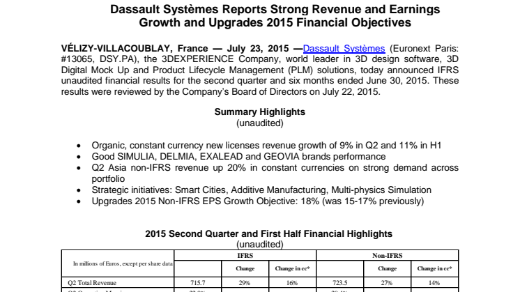 Dassault Systèmes Reports Strong Revenue and Earnings Growth and Upgrades 2015 Financial Objectives