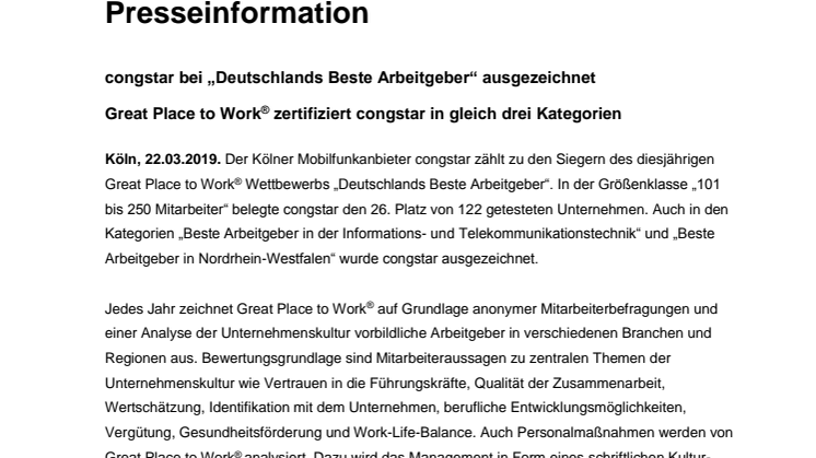 congstar bei „Deutschlands Beste Arbeitgeber“ ausgezeichnet