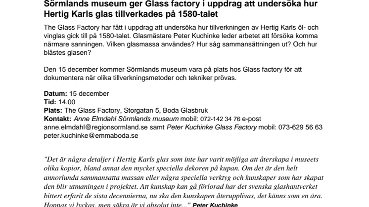 Press release - Hur tillverkades Hertig Karls glas på 1580-talet?
