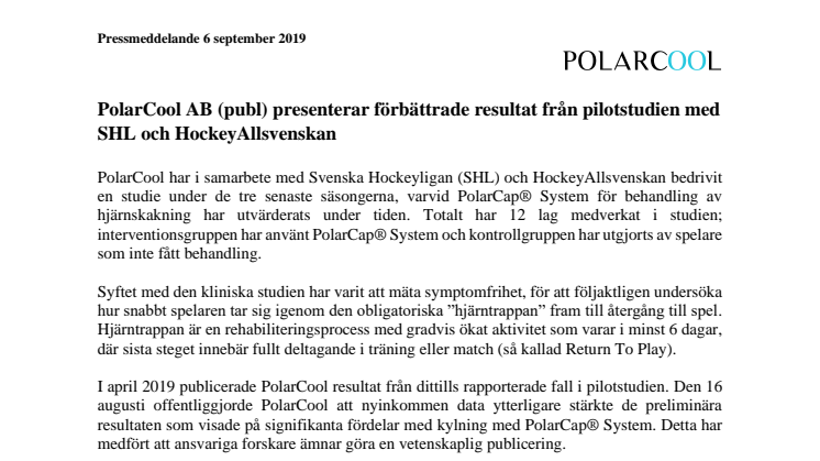 PolarCool AB (publ) presenterar förbättrade resultat från pilotstudien med SHL och HockeyAllsvenskan