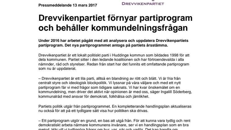 Drevvikenpartiet förnyar partiprogram och behåller kommundelningsfrågan