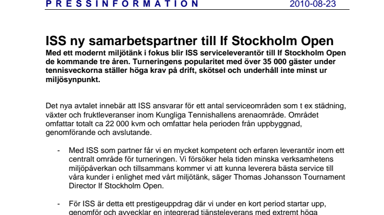 ISS ny samarbetspartner till If Stockholm Open