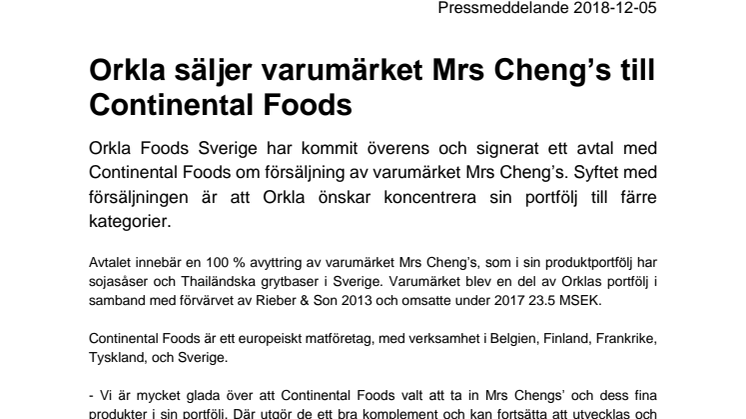 Orkla säljer varumärket Mrs Cheng’s till Continental Foods