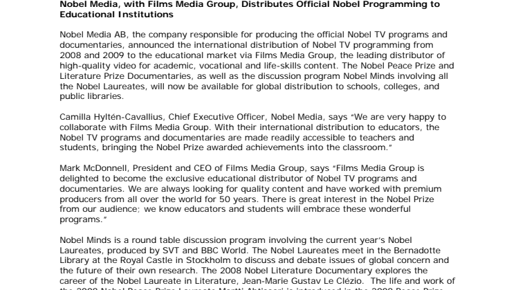 Nobel Media, with Films Media Group, Distributes Official Nobel Programming to Educational Institutions 
