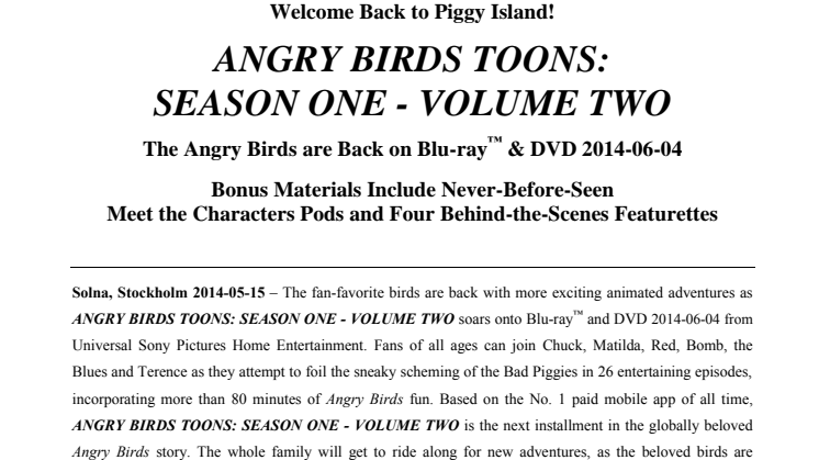 The Angry Birds are Back on Blu-ray™ & DVD 2014-06-04 