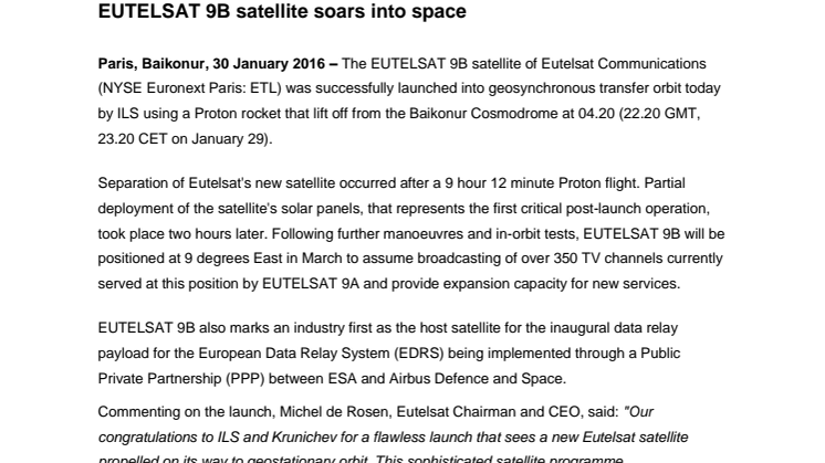 EUTELSAT 9B satellite soars into space