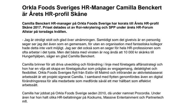 Camilla Benckert Årets HR profil Skåne
