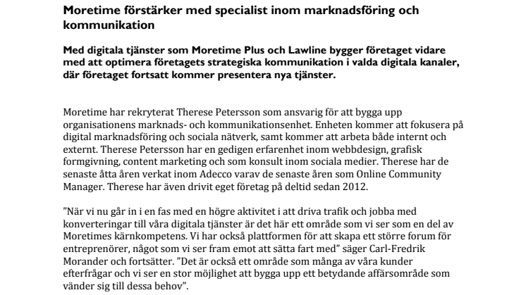 Moretime förstärker med specialist inom marknadsföring och kommunikation