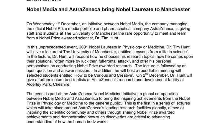 Nobel Media and AstraZeneca bring Nobel Laureate to Manchester 