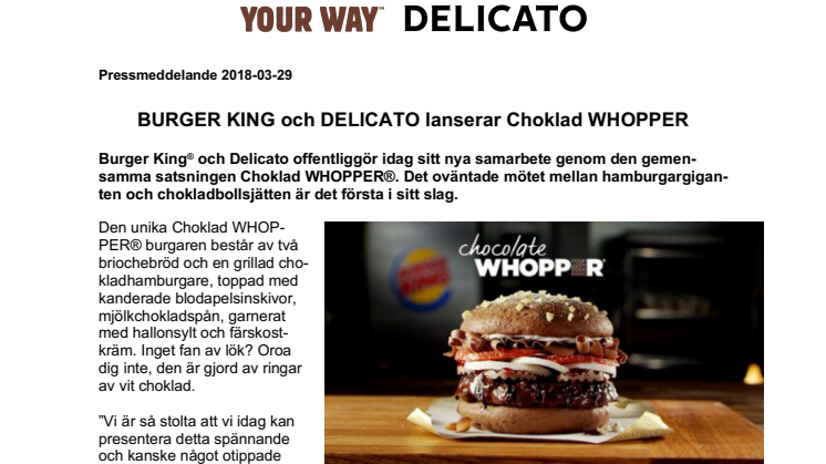 BURGER KING och DELICATO lanserar Choklad WHOPPER