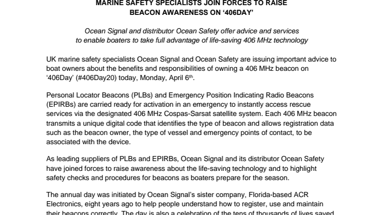 Ocean Signal and Ocean Safety Raise Beacon Awareness on 406Day