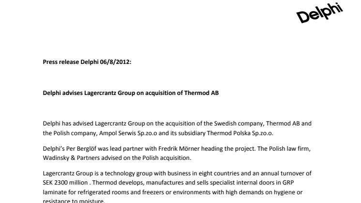 Delphi advises Lagercrantz Group on acquisition of Thermod AB