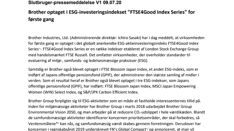 Brother optaget i ESG-investeringsindekset "FTSE4Good Index Series" for første gang